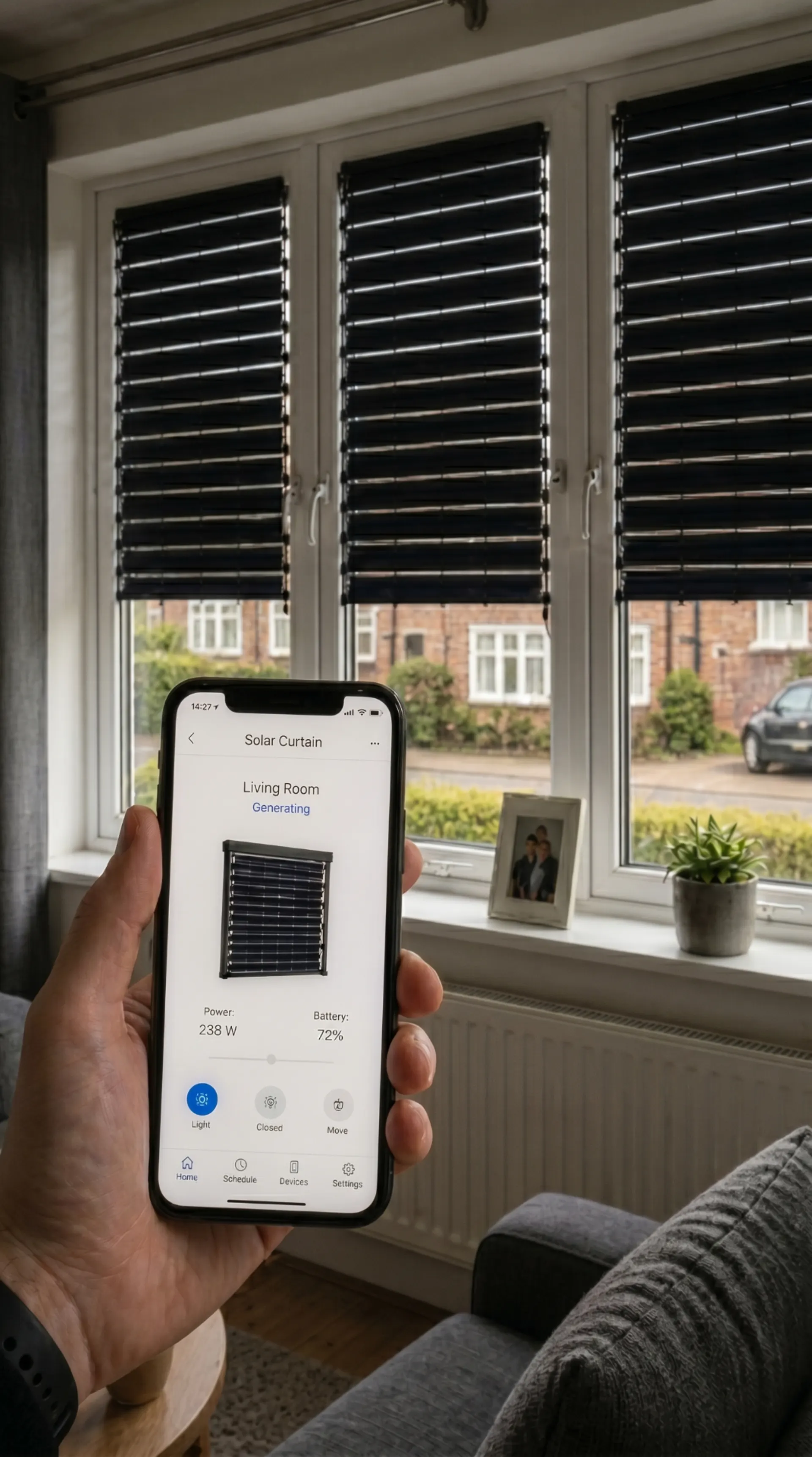 Sunlight passing through TUK Global Smart Solar Blinds in a minimalist interior